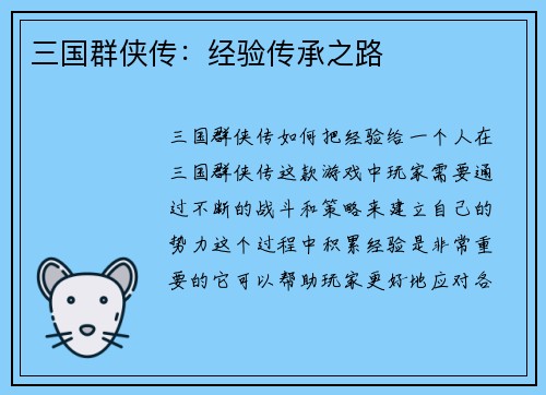 三国群侠传：经验传承之路