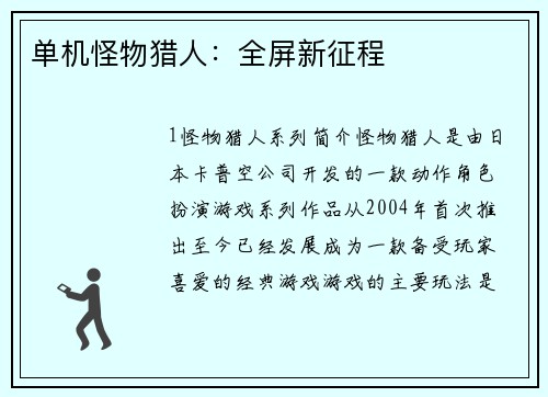单机怪物猎人：全屏新征程